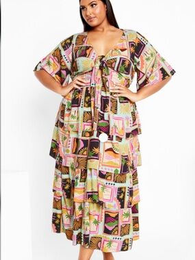 City Chic Ana V Neck Tier Dress - beige